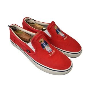 Polo Ralph Lauren Keaton-Slip Red Canvas Polo Bear Slip On Sneakers Mens 12